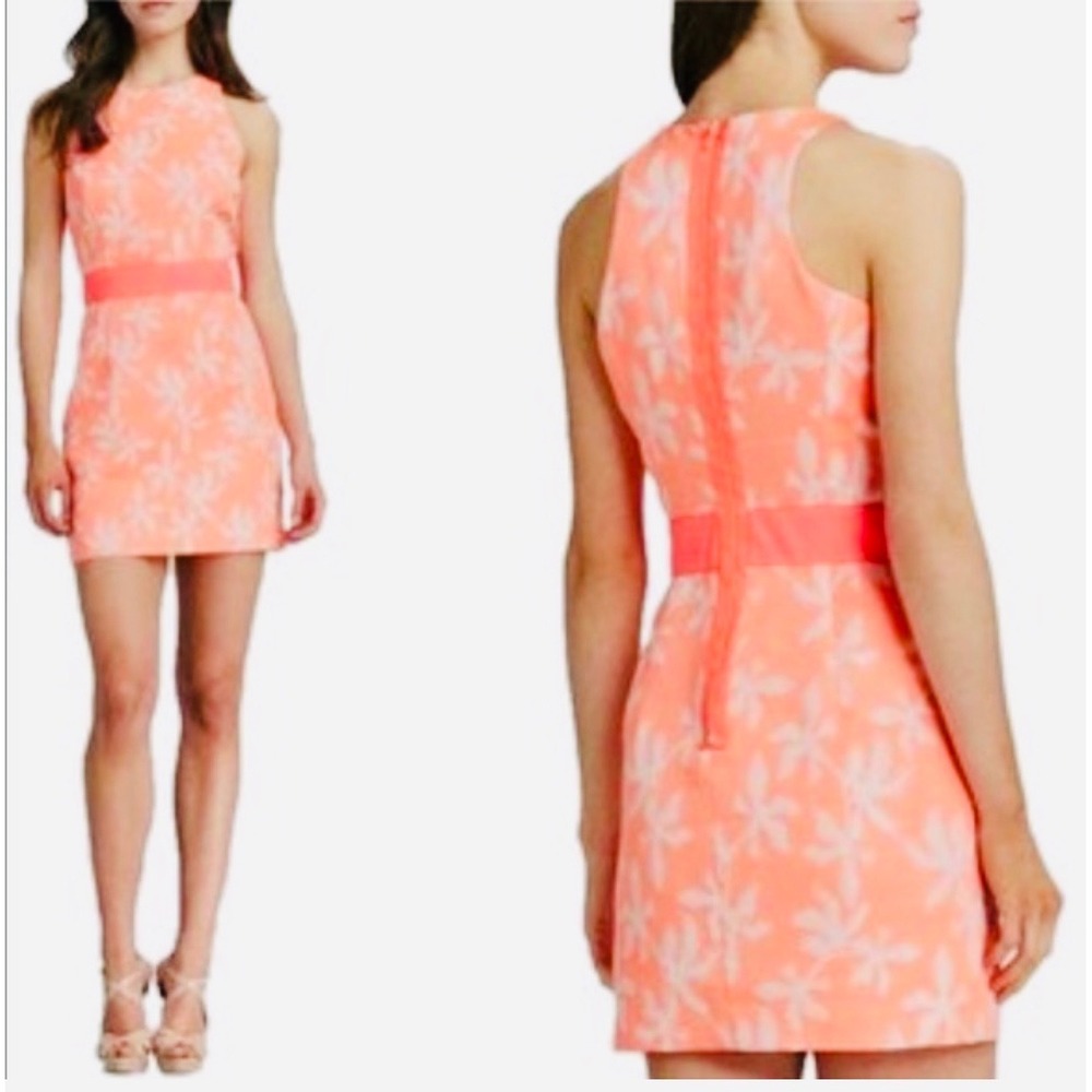 Milly New York Coral Orange Floral Jacquard Sheath Mini Dress Size 4 Made in USA - Picture 2 of 8